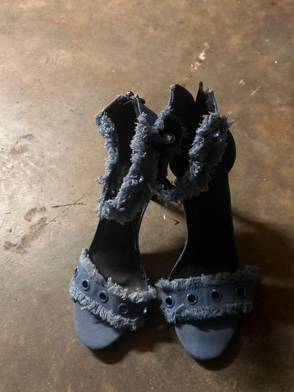Ada Denim-Style Frayed Blue Ankle-Strap Heels
